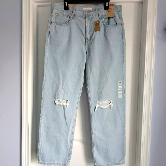 NWT 32 14 Levi's Low Pro Straight Leg Light Wash Destructed Denim Jeans NEW - Picture 13 of 14